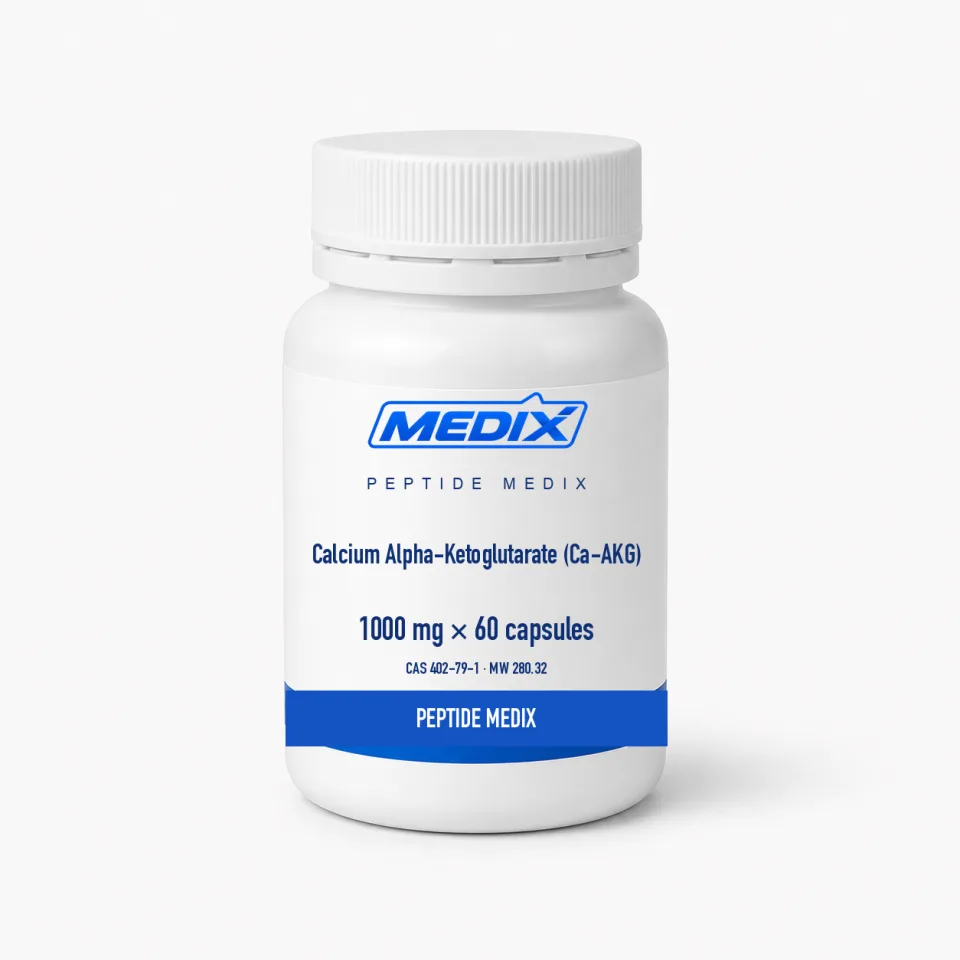 Calcium Alpha-Ketoglutarate (Ca-AKG) — White to off-white crystalline powder, encapsulated