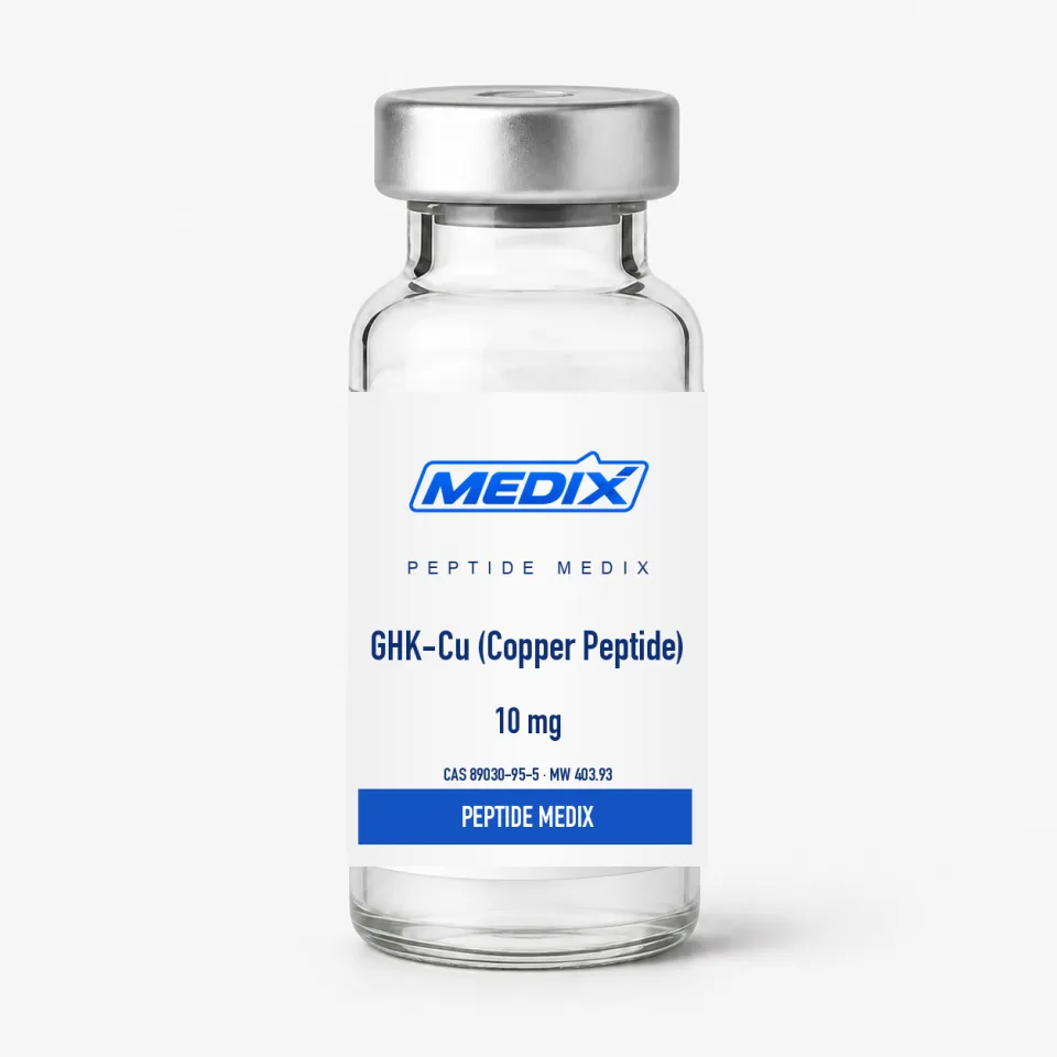 GHK-Cu (Copper Peptide) — Lyophilized blue powder, sealed glass vial with crimped stopper