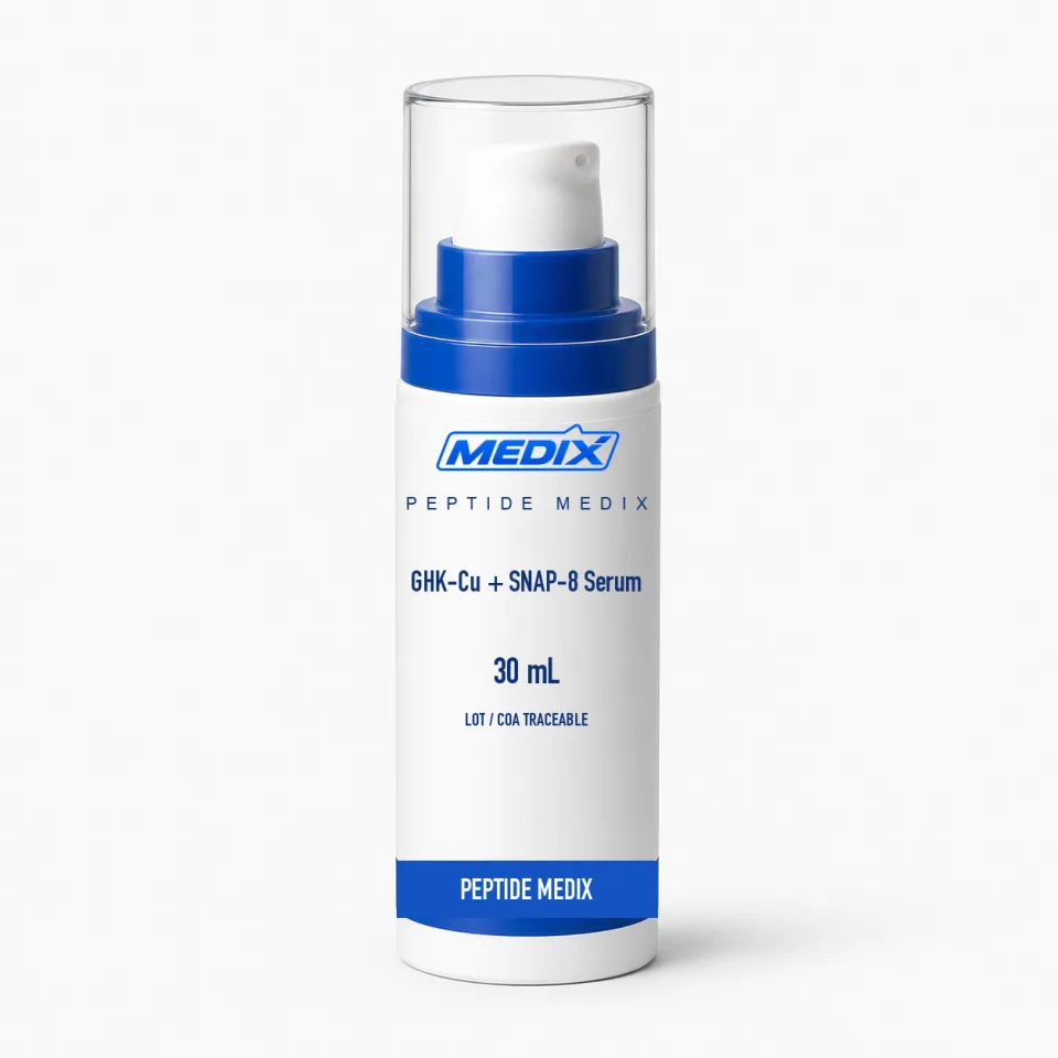 GHK-Cu + SNAP-8 Serum — Blue-tinted aqueous serum in a 30 mL bottle