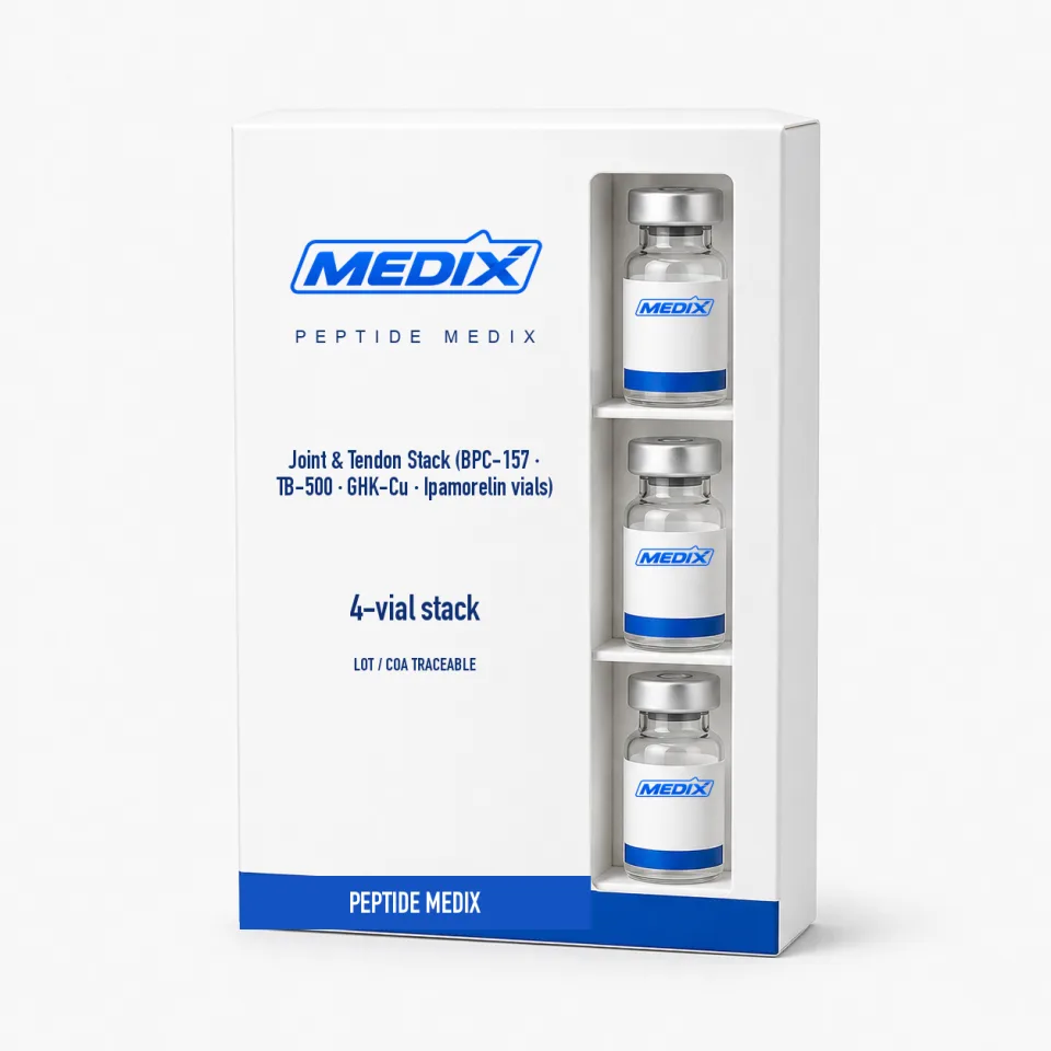 Joint & Tendon Stack (BPC-157 · TB-500 · GHK-Cu · Ipamorelin vials) — Lyophilized powder in each vial, individually capped