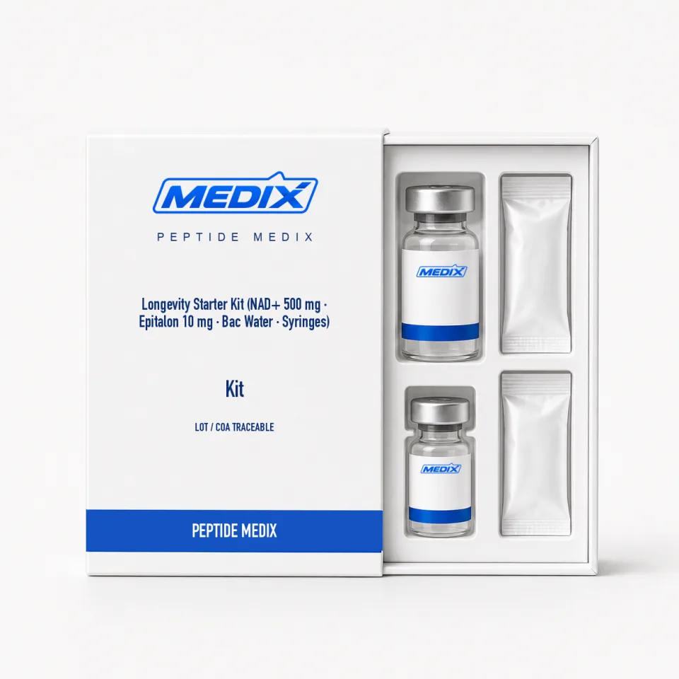 Longevity Starter Kit (NAD+ 500 mg · Epitalon 10 mg · Bac Water · Syringes) — research vial