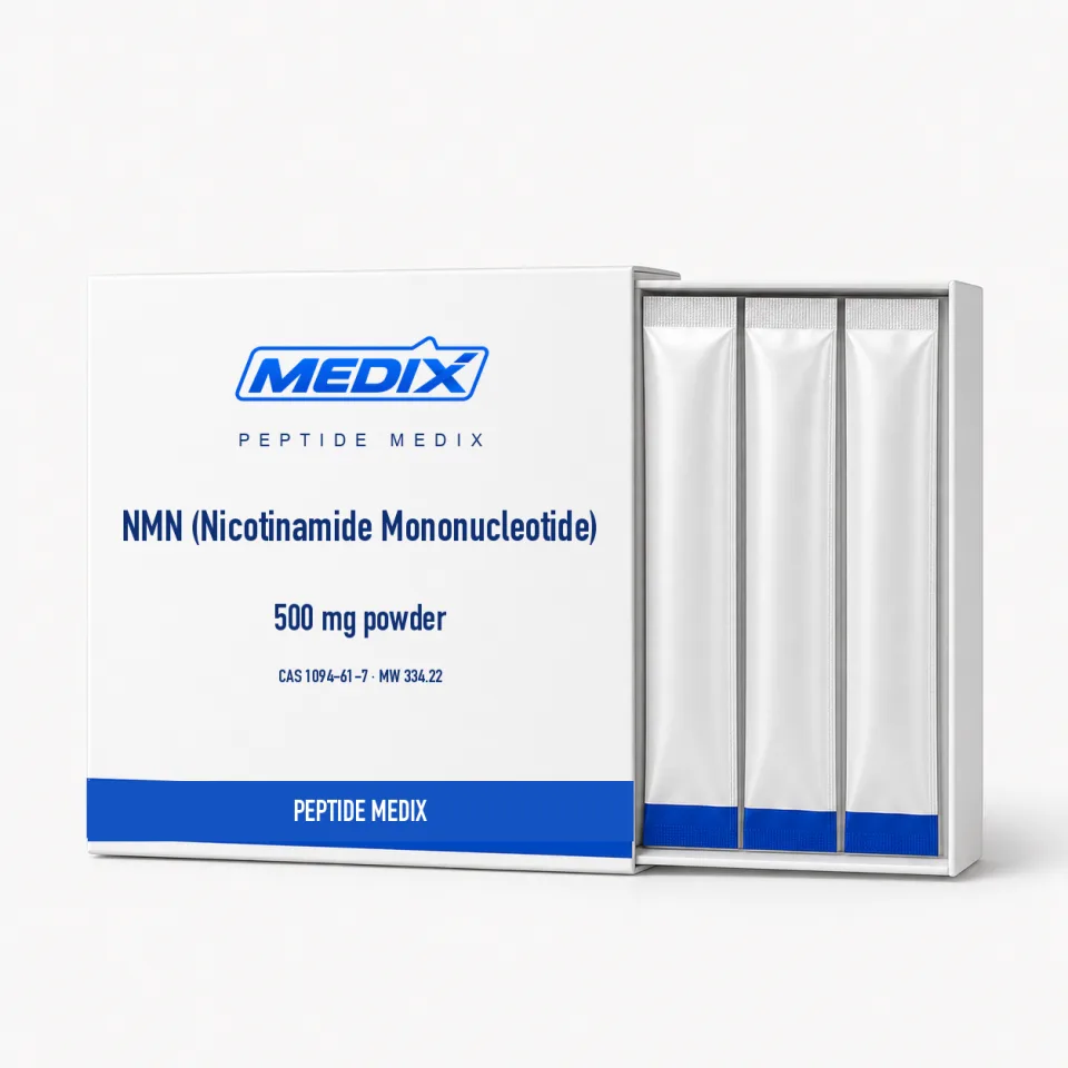 NMN (Nicotinamide Mononucleotide) — Crystalline white powder; also supplied as capsules or in a sealed vial