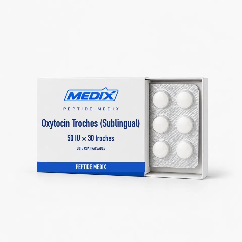 Oxytocin Troches (Sublingual) — Compressed sublingual troche (lozenge), slowly dissolving base
