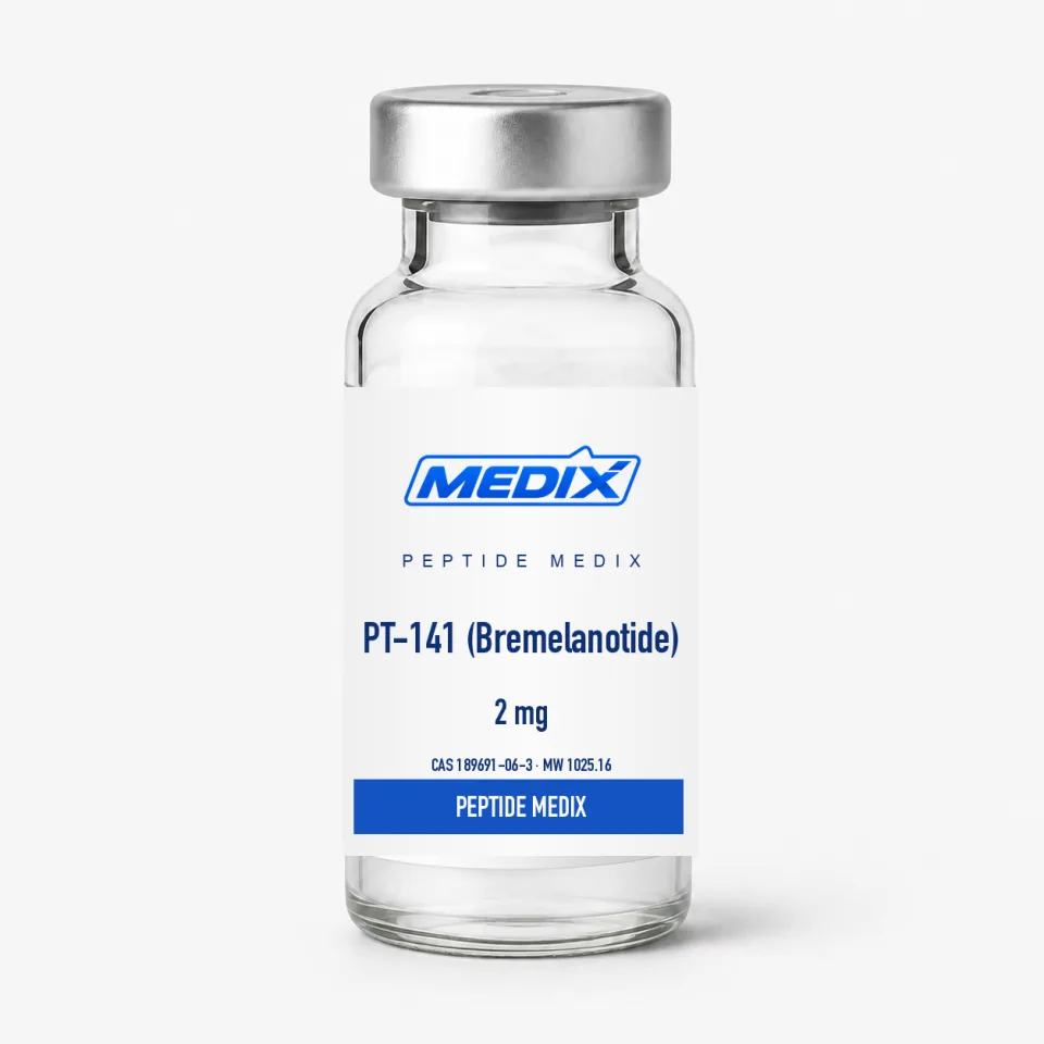 PT-141 (Bremelanotide) — Lyophilized white to off-white powder, sealed glass vial