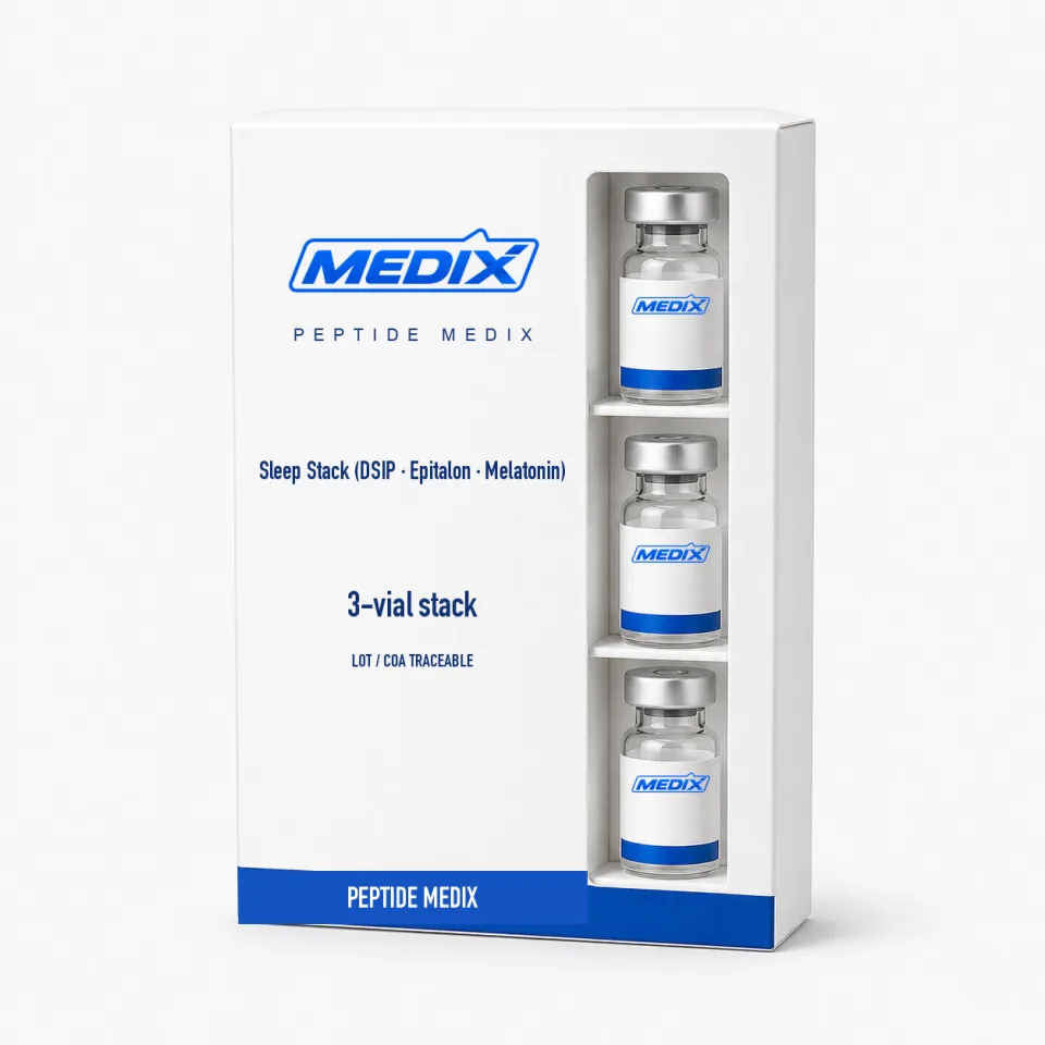 Sleep Stack (DSIP · Epitalon · Melatonin) — Lyophilized powder in each vial, sealed with crimped stopper