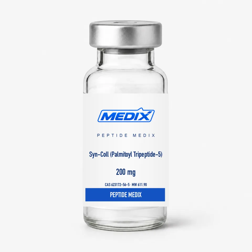 Syn-Coll (Palmitoyl Tripeptide-5) — Lyophilized amphiphilic peptide powder, sealed glass vial