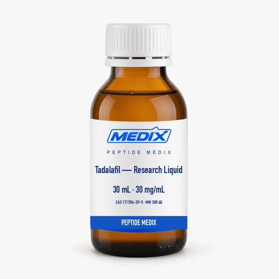 Tadalafil — Research Liquid — Clear solution in an amber bottle with a graduated dispenser