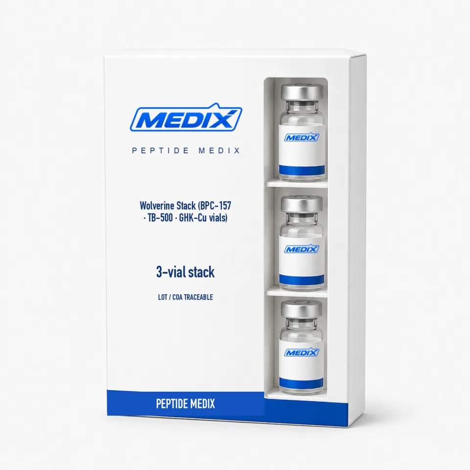 Wolverine Stack (BPC-157 · TB-500 · GHK-Cu vials) — Lyophilized powder in each vial, individually stoppered and capped